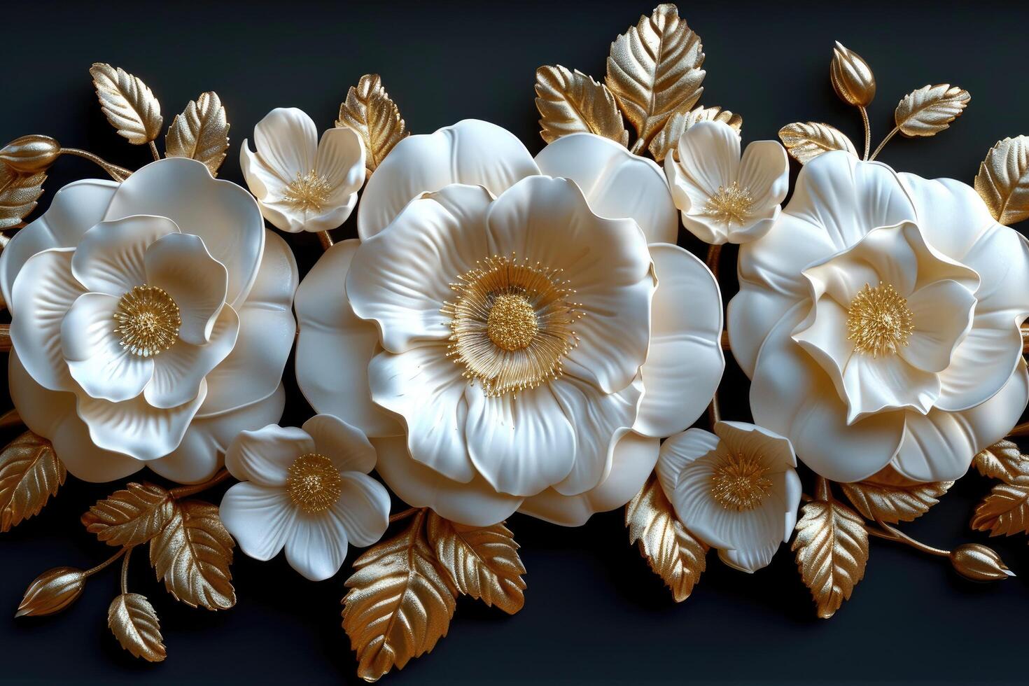 3d golden floral seamless border tile with white geometric flowers Beautiful luxury horizontal background photo