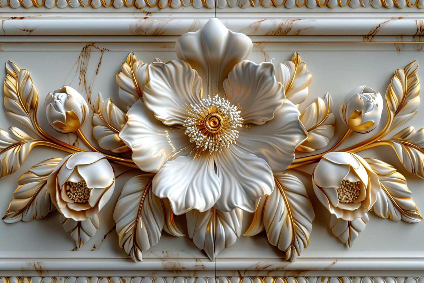 3d golden floral seamless border tile with white geometric flowers Beautiful luxury horizontal background photo