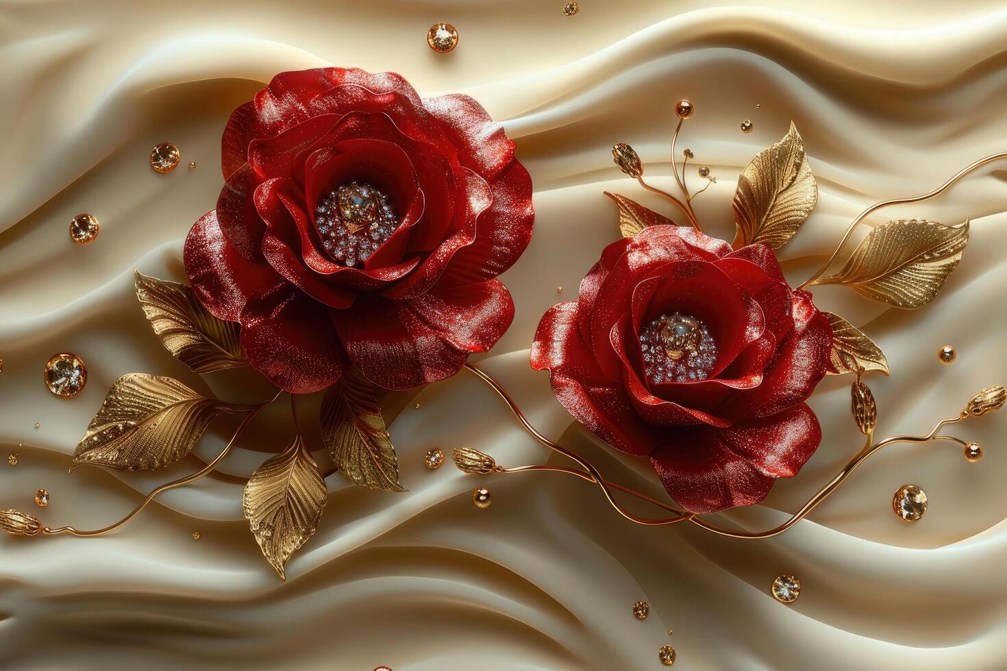 Beautiful jewelry, roses, and floral decorations on a wallpaper photo
