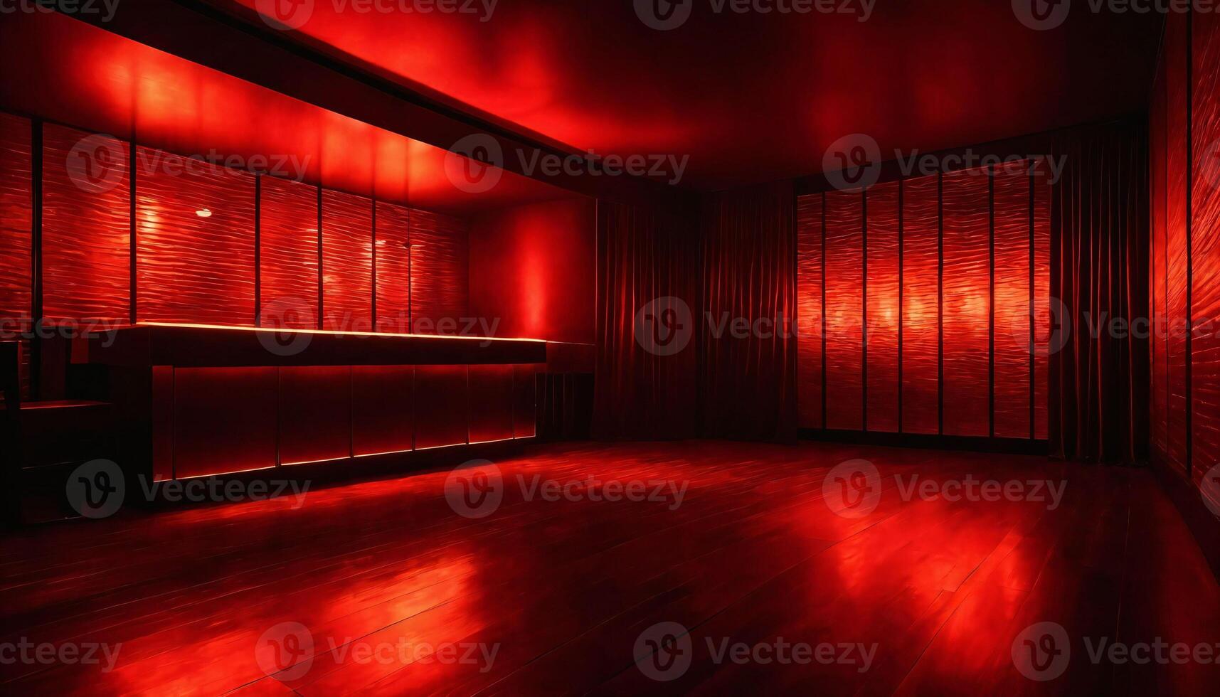 The image features a dimly lit room with red walls and a red curtain. he room appears to be a bar or a stage the red-toned interior. photo