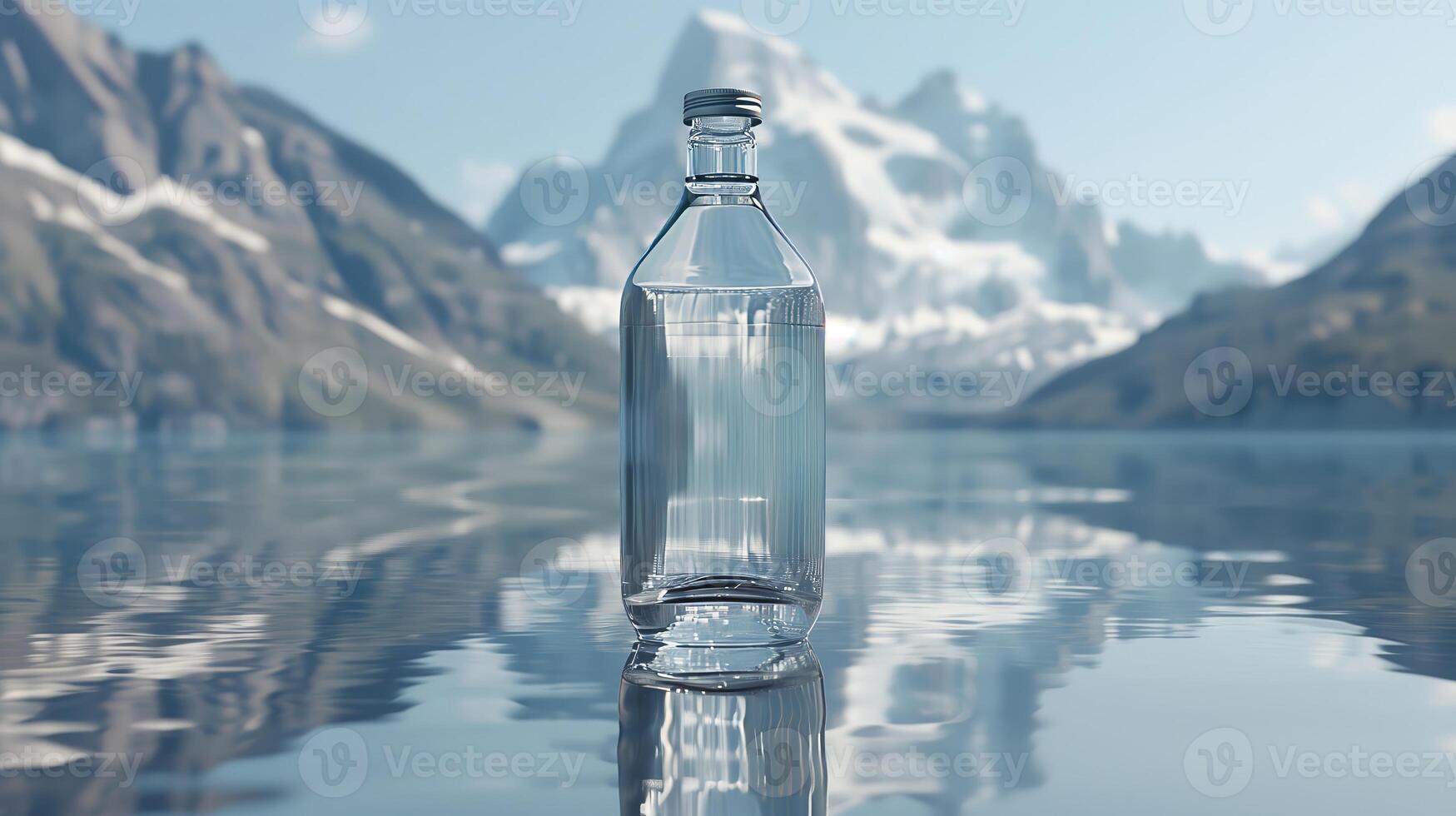 A bottle of water against the backdrop of a mountain river. Generated by artificial intelligence. photo