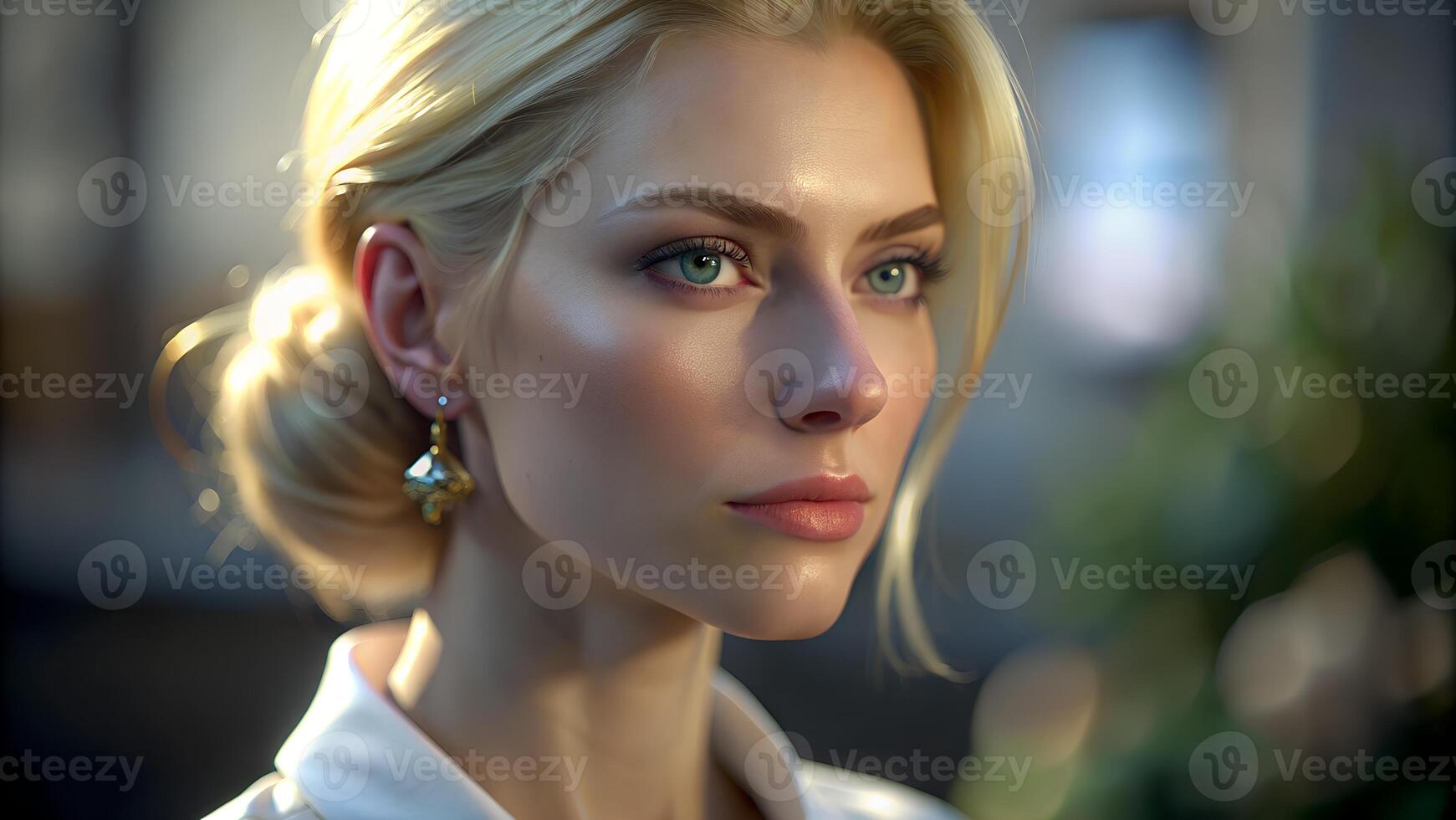 Clasic portrait blonde woman in white shirt photo
