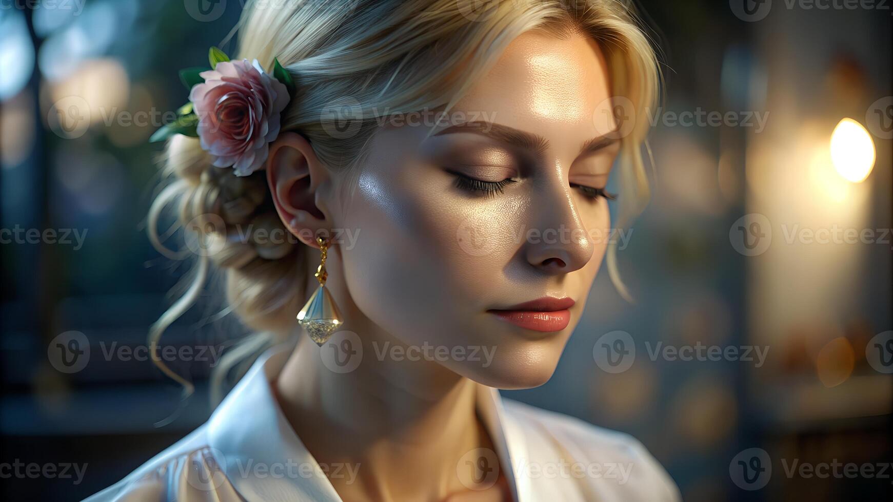 Clasic portrait blonde woman in white shirt photo