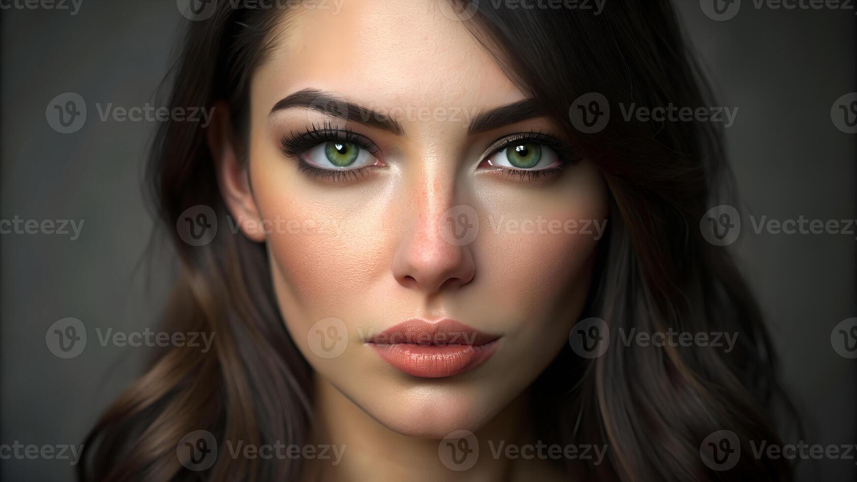 Dark haired lady with plumps lips and green eyes photo