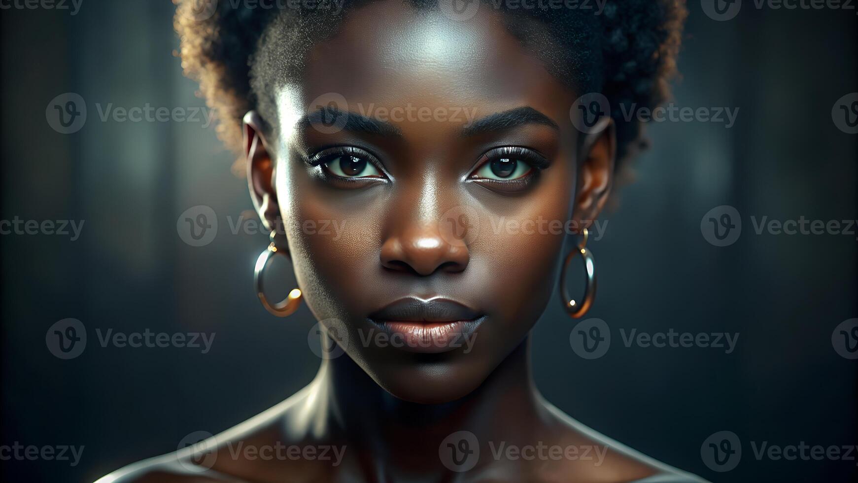 Portrait of beautiful young african woman over dark background photo