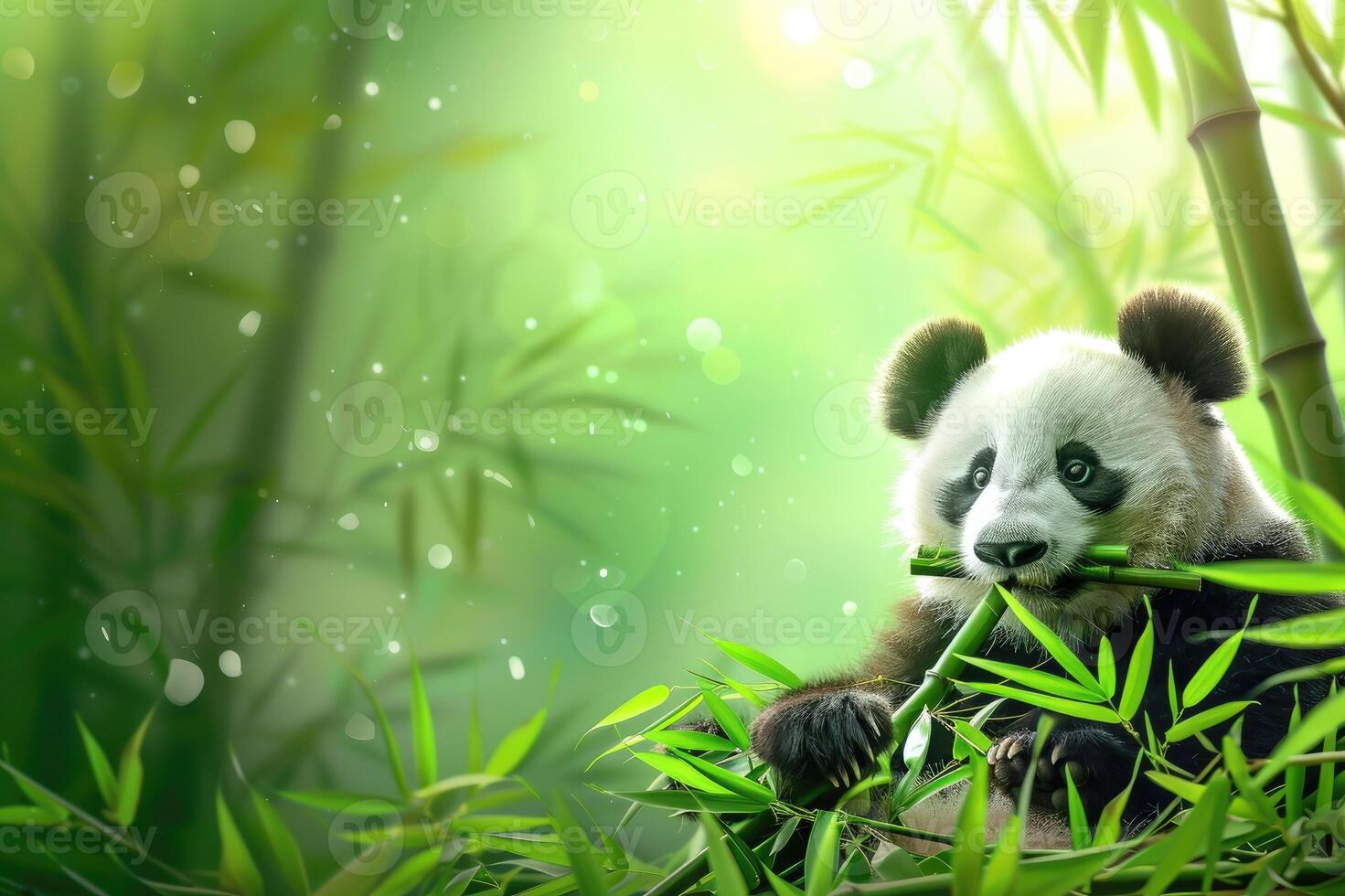 Panda chewing bamboo in bamboo forest on blurred background photo