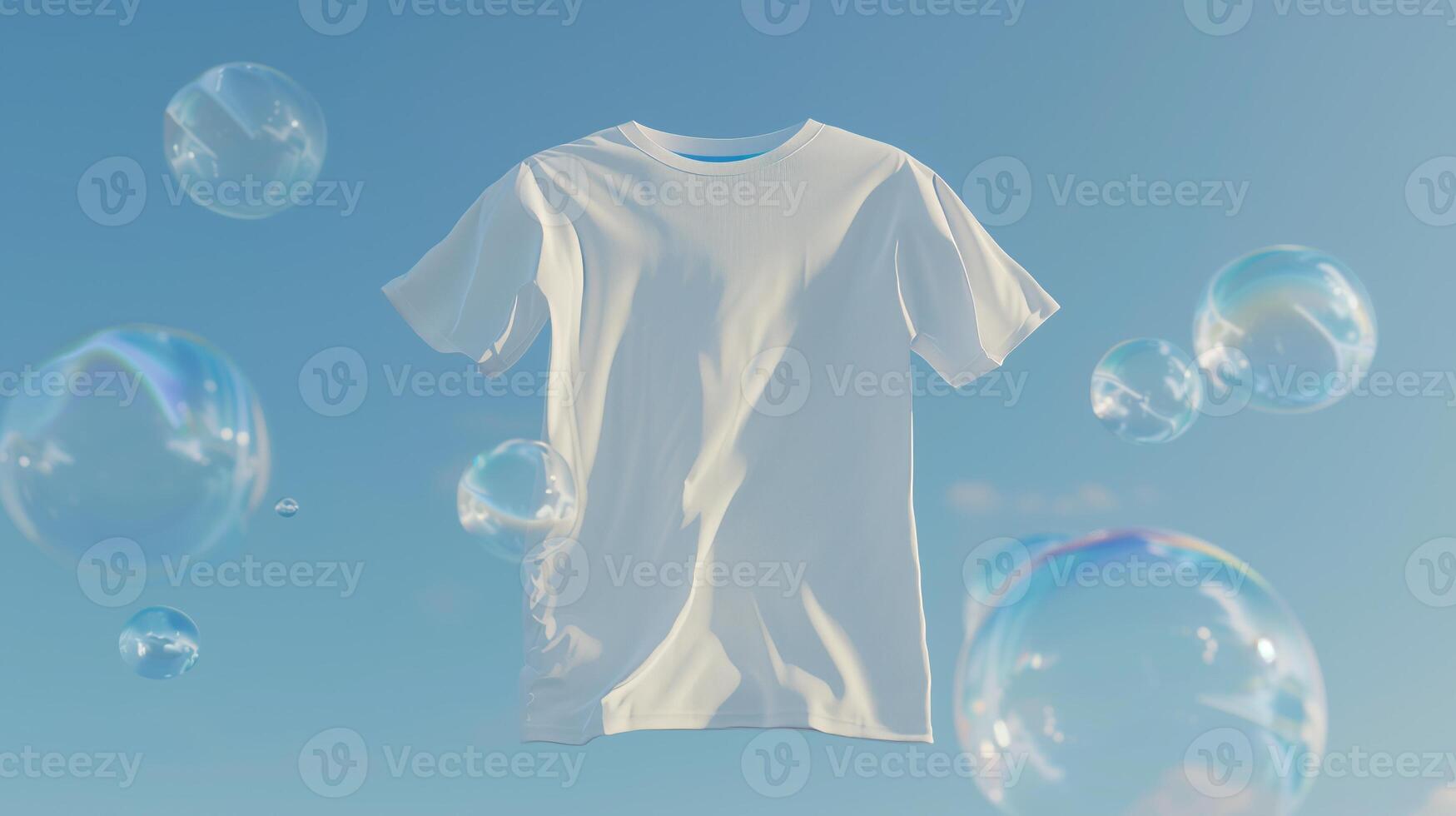 A white t-shirt floats in the air, surrounded by transparent bubbles on a light sky blue backgrounds. Generated by artificial intelligence. photo