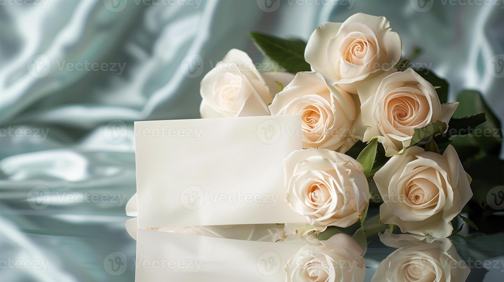 A bouquet of big and beautiful white roses with an empty white card for writing placed in front of the flowers on shining light-blue silk fabric. Generated by artificial intelligence. photo