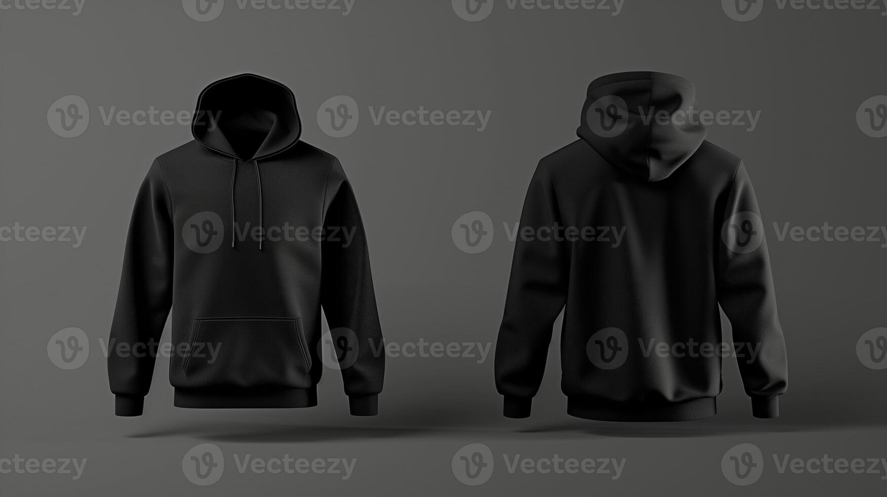 Fashion design, black hoodie, cotton fabric, back and front view display, minimalism. Generated by artificial intelligence. photo