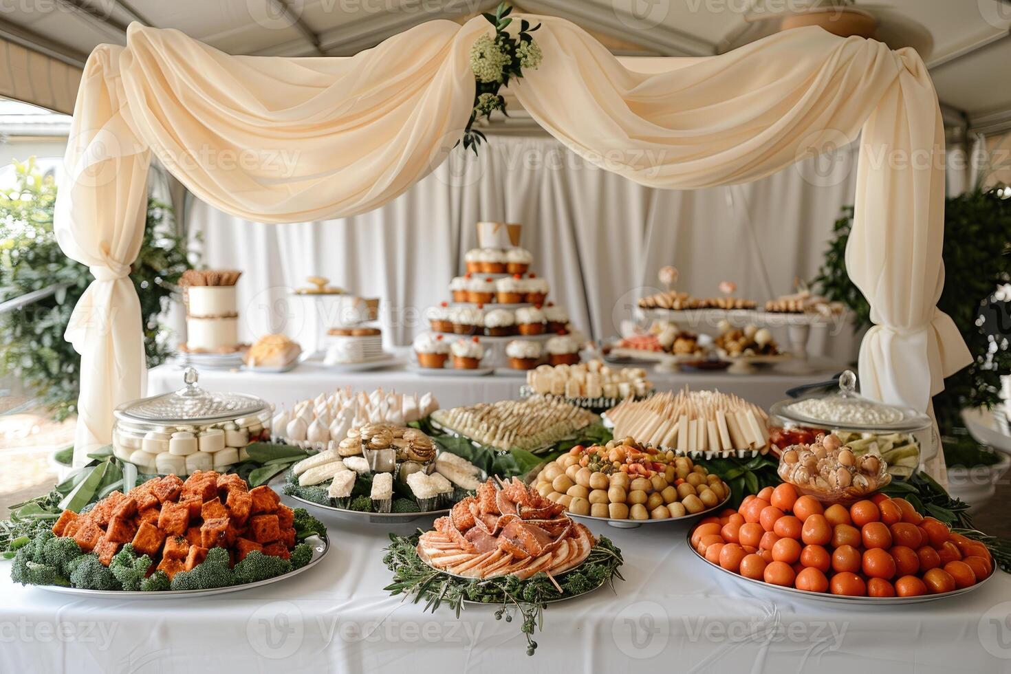 luxurious decoration of white tablecloths with lots of finger food prepared professional advertising food photography photo