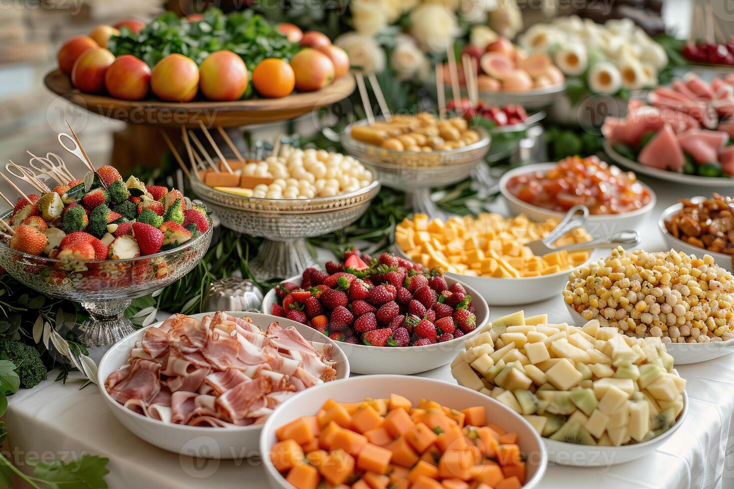 luxurious decoration of white tablecloths with lots of finger food prepared professional advertising food photography photo