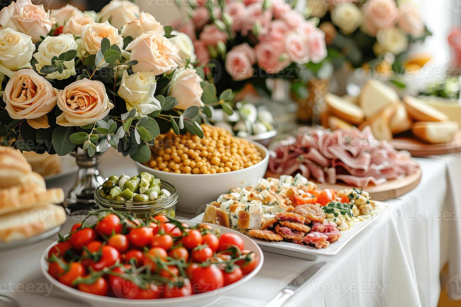 luxurious decoration of white tablecloths with lots of finger food prepared professional advertising food photography photo