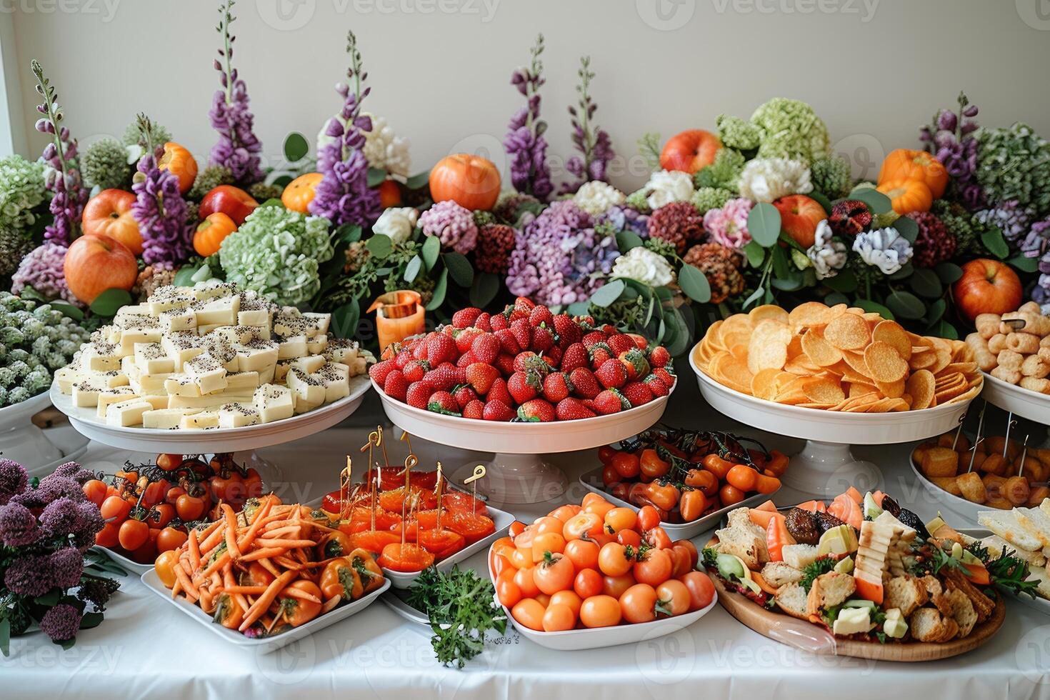 luxurious decoration of white tablecloths with lots of finger food prepared professional advertising food photography photo