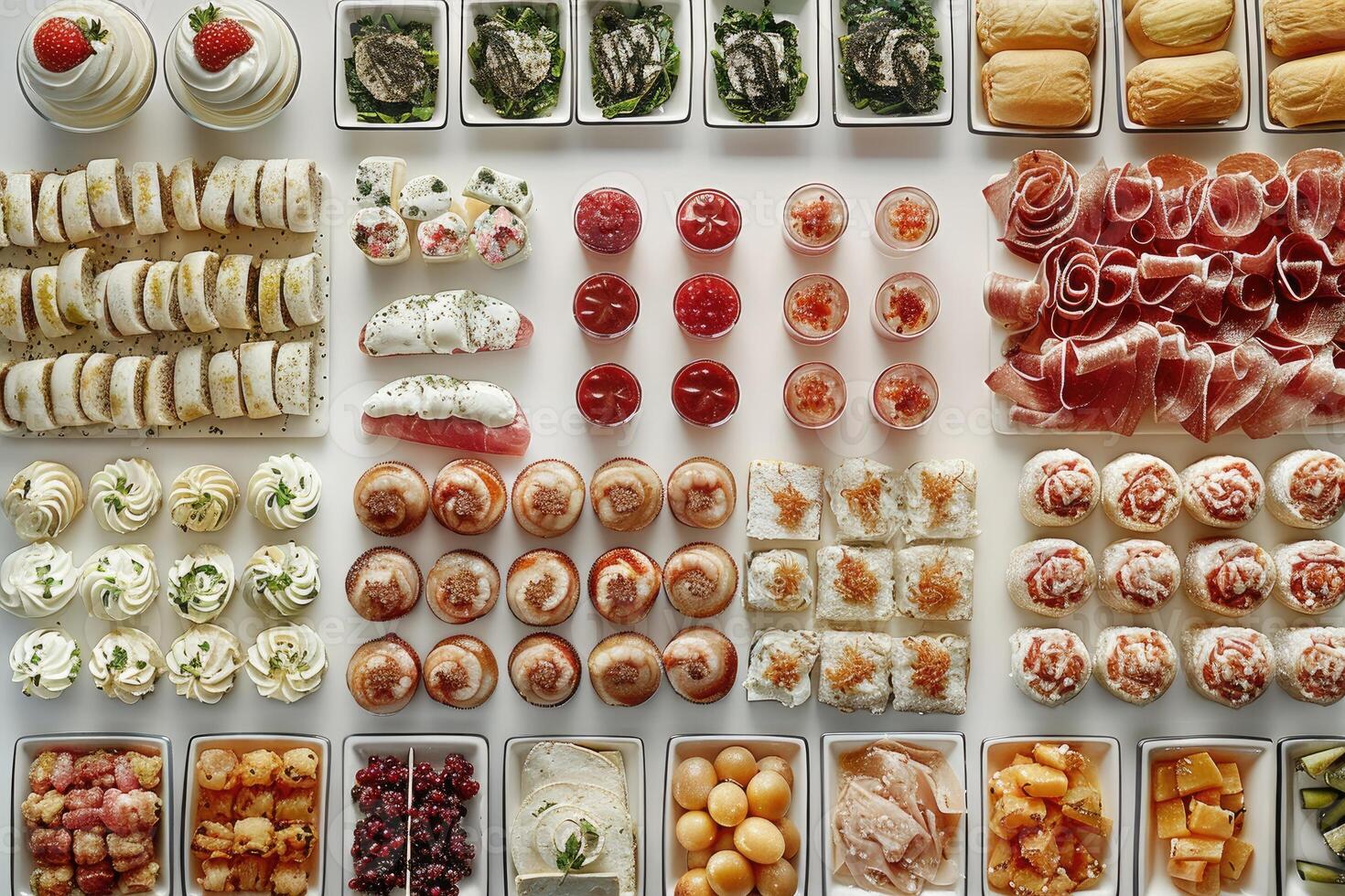 luxurious decoration of white tablecloths with lots of finger food prepared professional advertising food photography photo