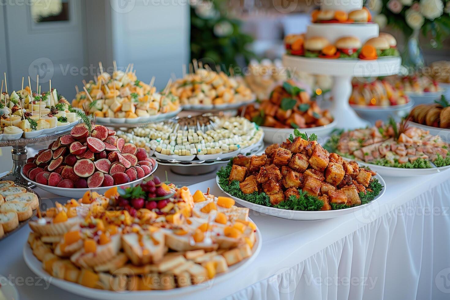 luxurious decoration of white tablecloths with lots of finger food prepared professional advertising food photography photo