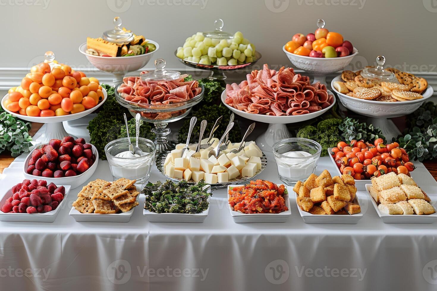 luxurious decoration of white tablecloths with lots of finger food prepared professional advertising food photography photo