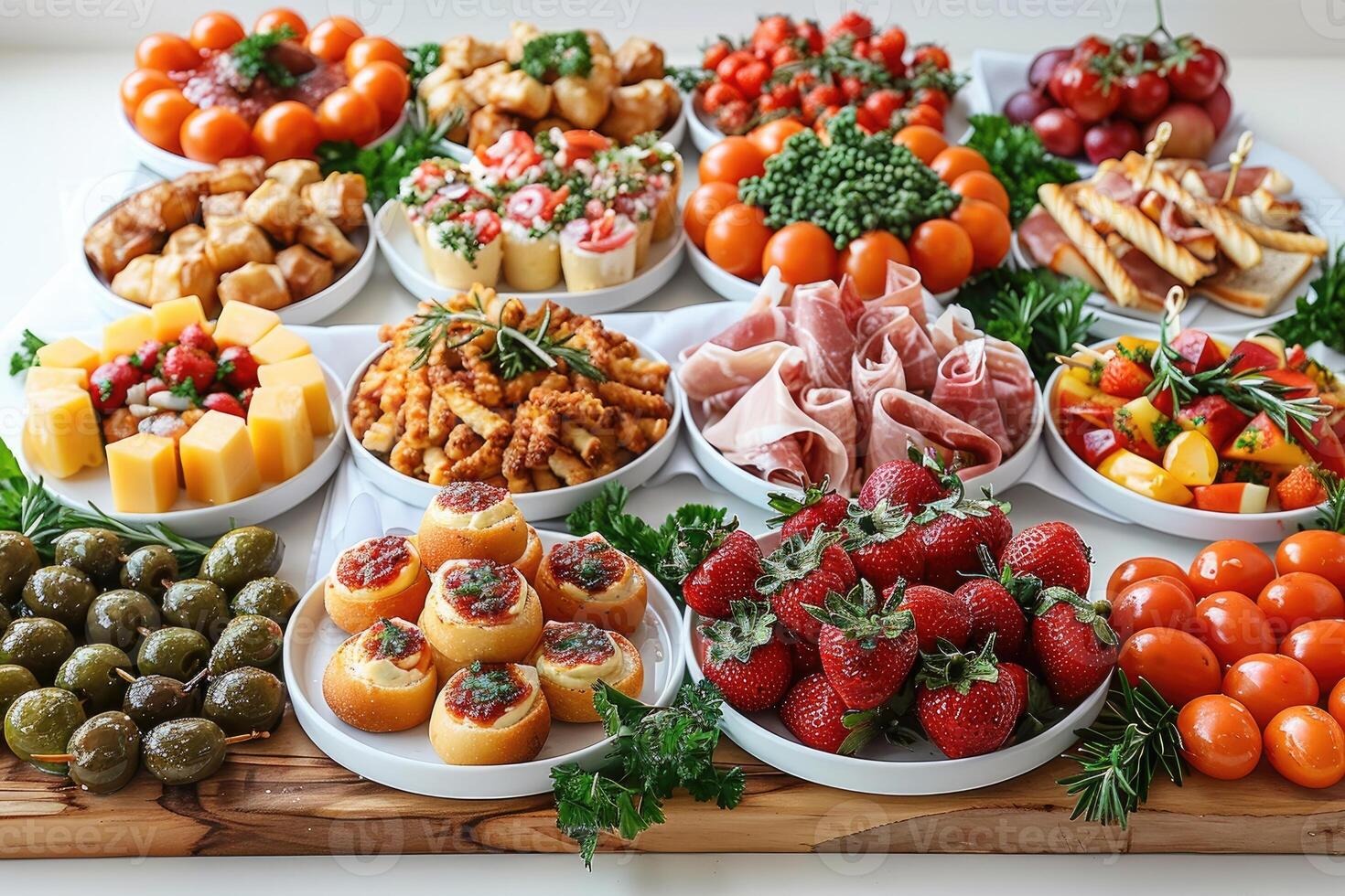 luxurious decoration of white tablecloths with lots of finger food prepared professional advertising food photography photo