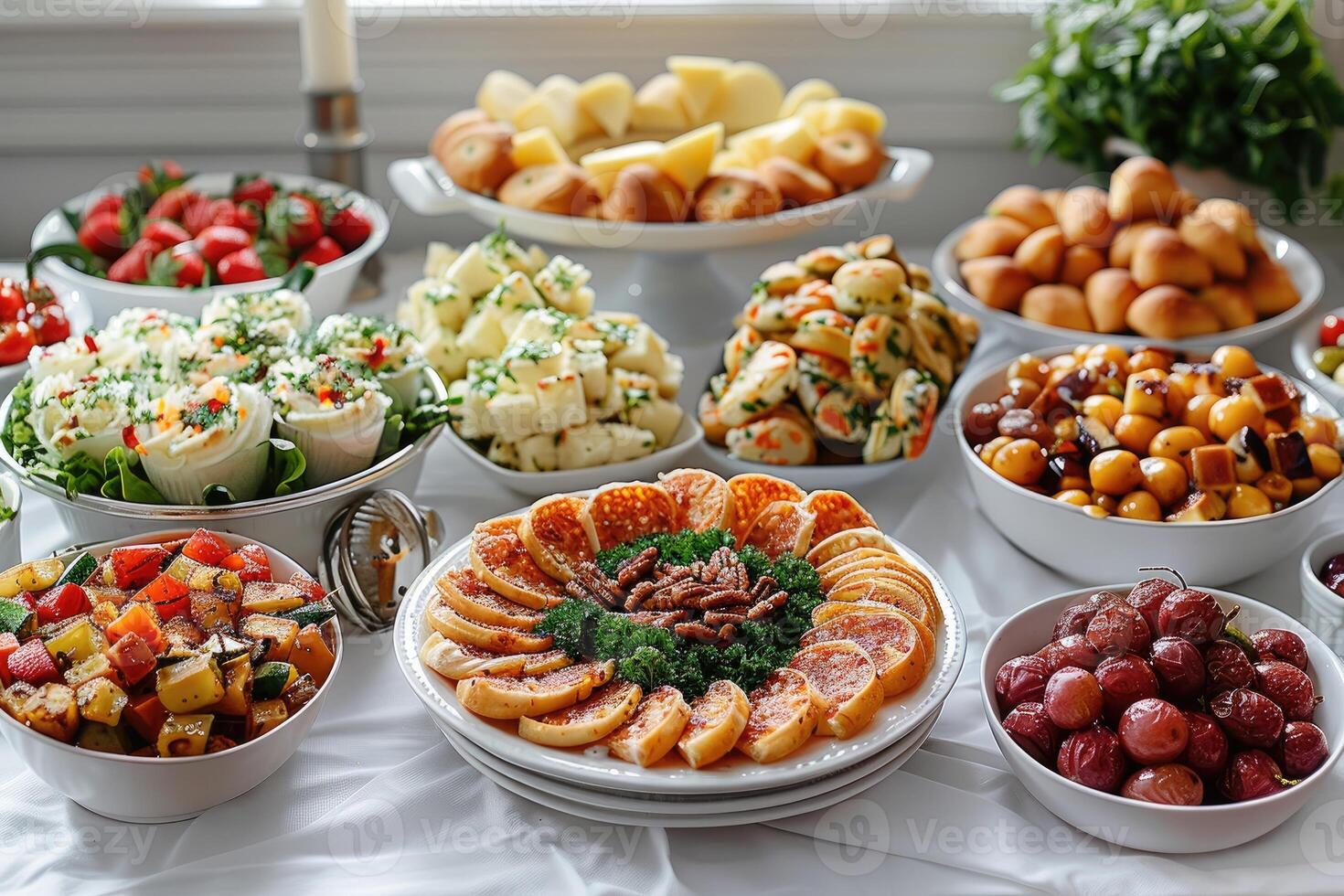 luxurious decoration of white tablecloths with lots of finger food prepared professional advertising food photography photo