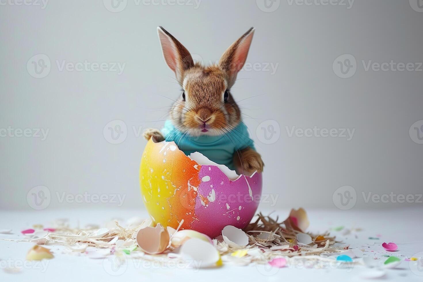 A rabbit wearing a cute shirt emerges from the big egg with beautiful colorful shells on a white background. photo