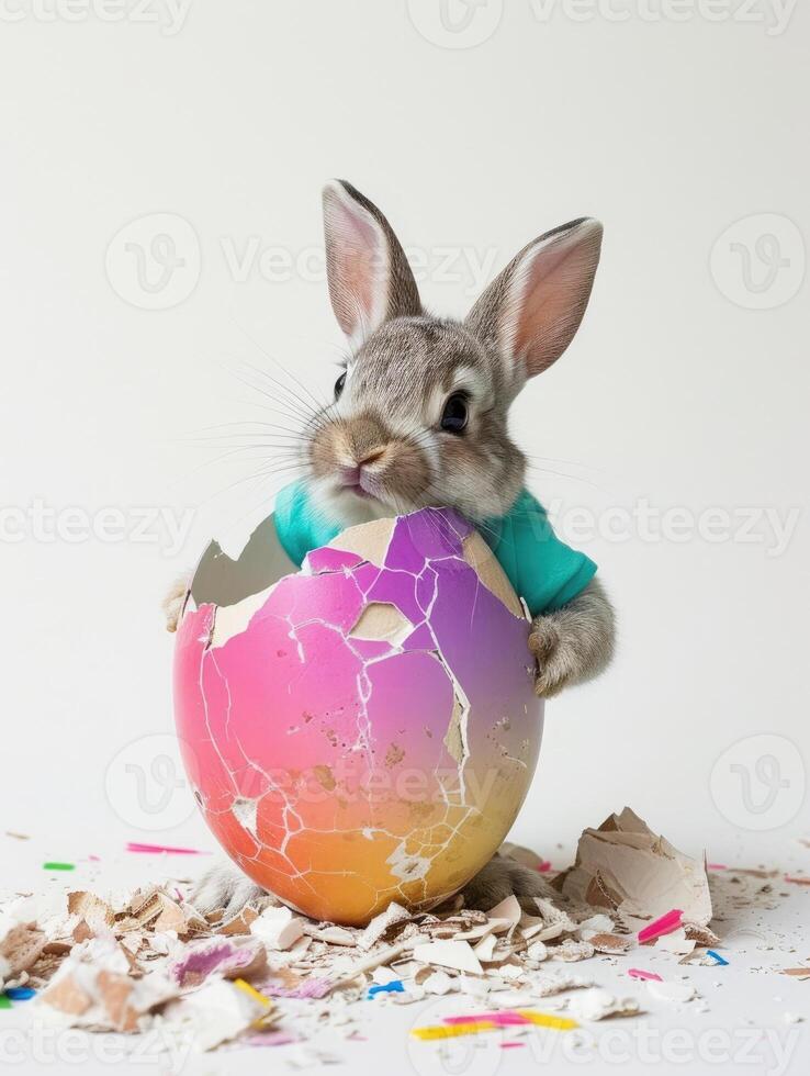 A rabbit wearing a cute shirt emerges from the big egg with beautiful colorful shells on a white background. photo