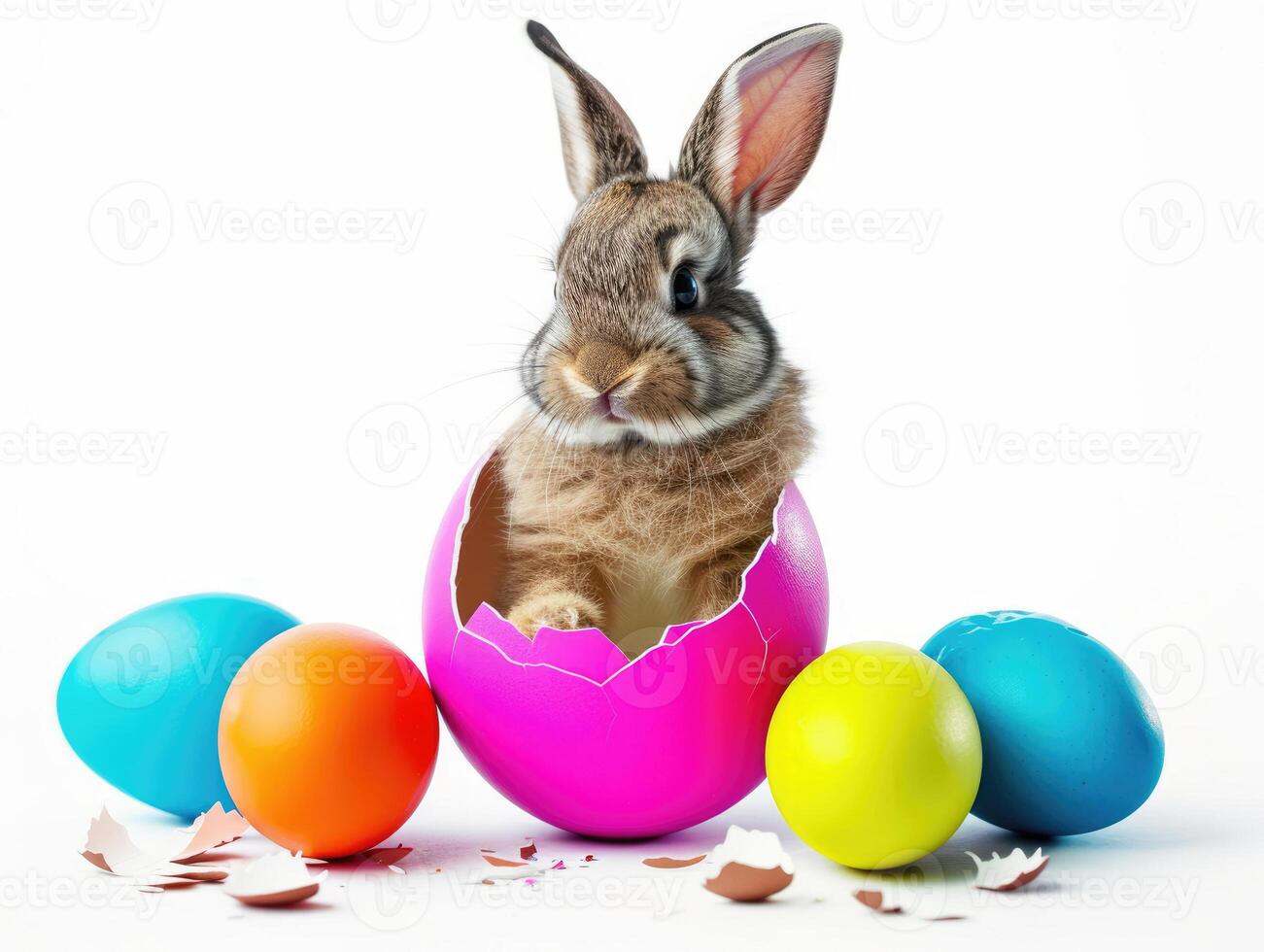 A rabbit wearing a cute shirt emerges from the big egg with beautiful colorful shells on a white background. photo