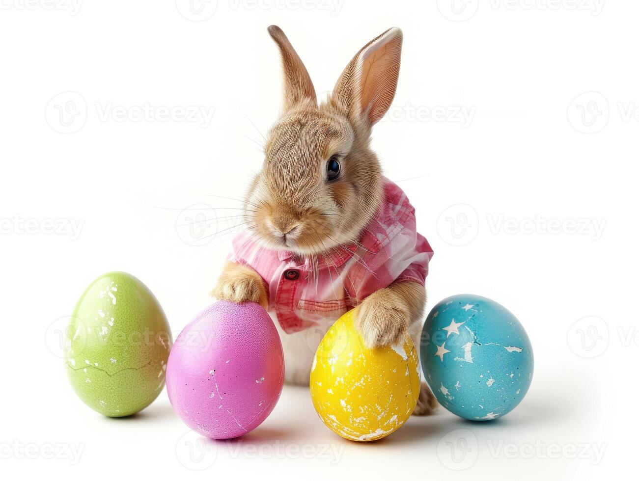 A rabbit wearing a cute shirt emerges from the big egg with beautiful colorful shells on a white background. photo