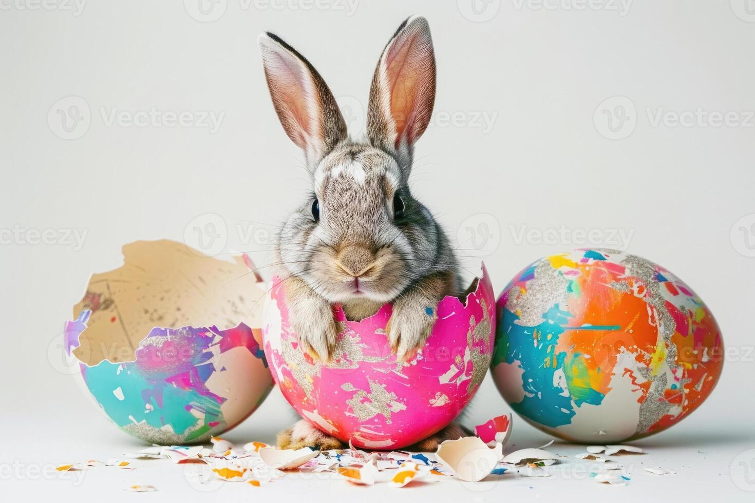 A rabbit wearing a cute shirt emerges from the big egg with beautiful colorful shells on a white background. photo