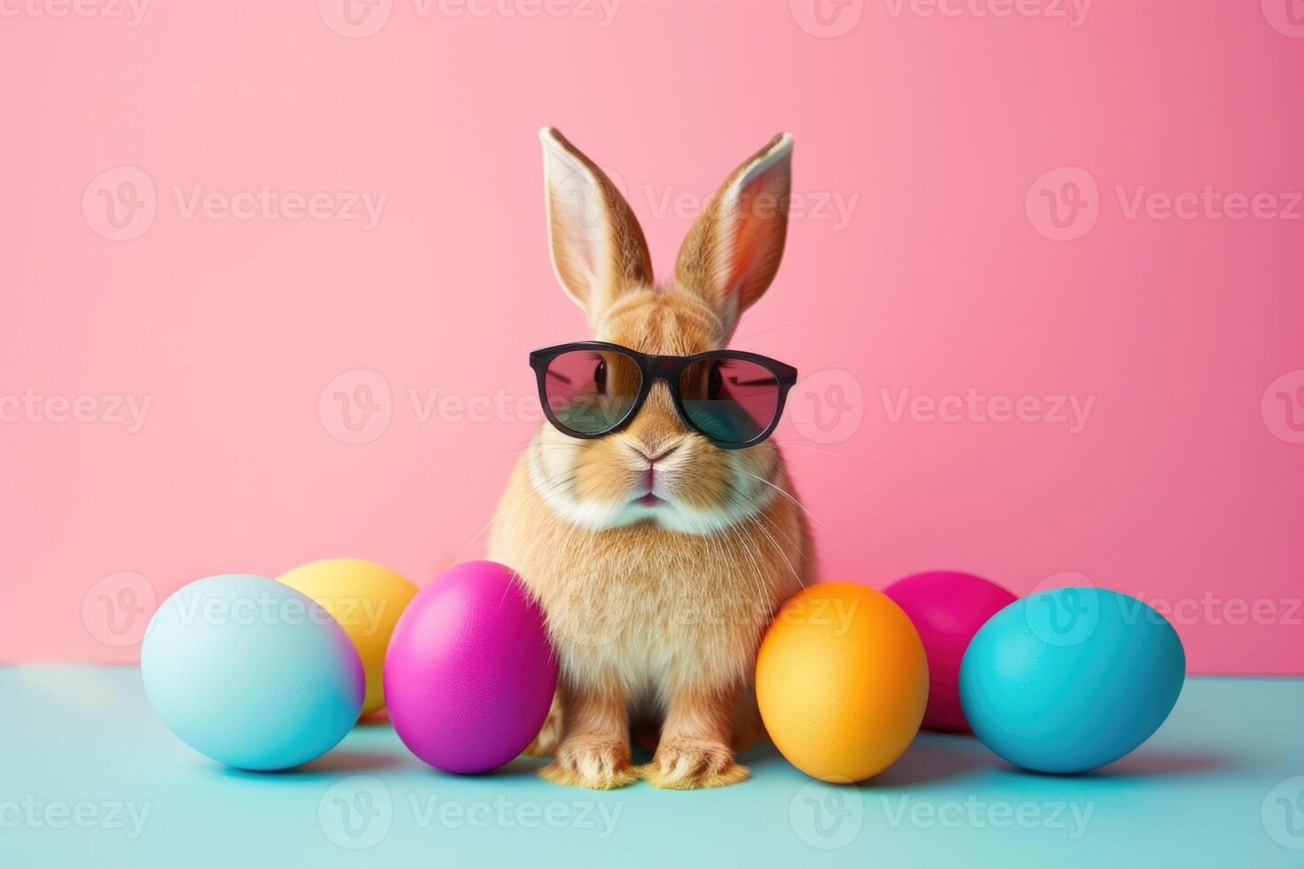 A rabbit wearing a sunglasses emerges from the big egg with beautiful colorful shells on a flat color background. photo