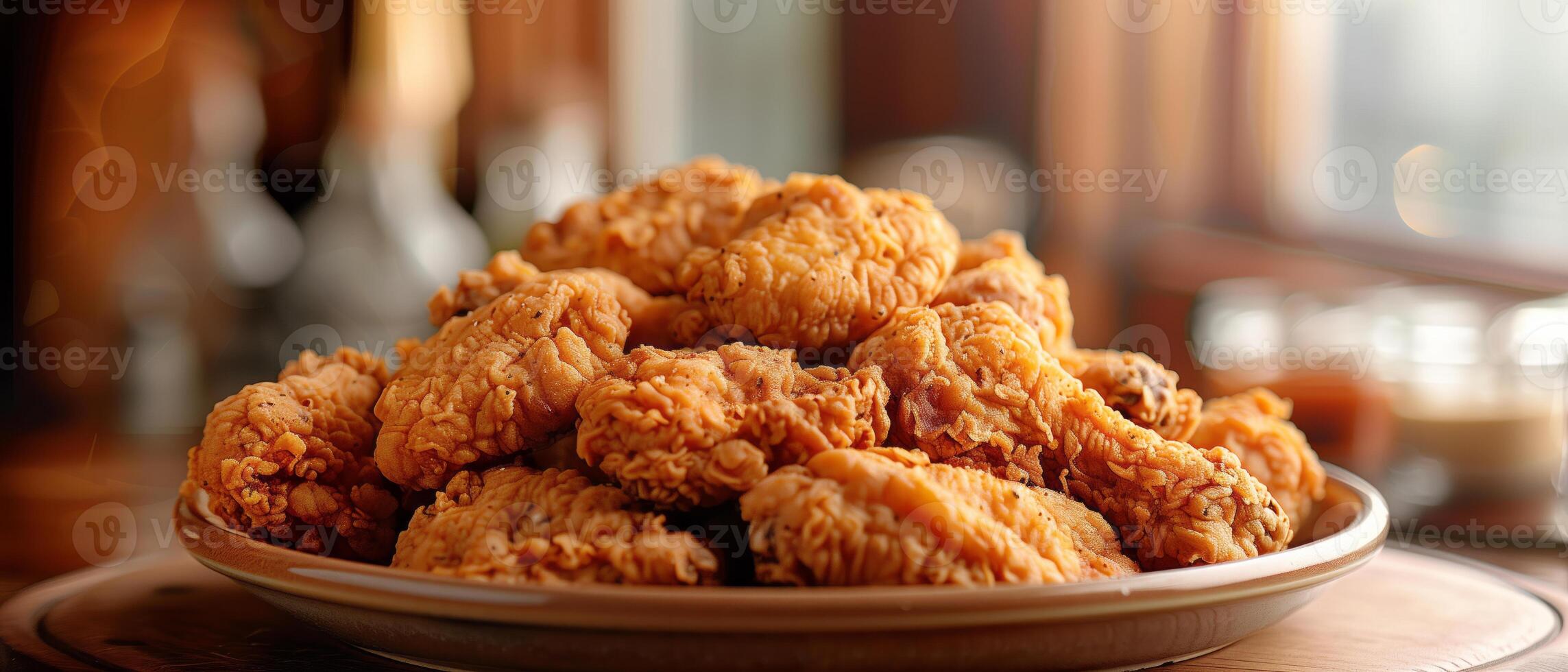 Top view of fried chicken in a plate on wooden table for wallpaper or banner photo