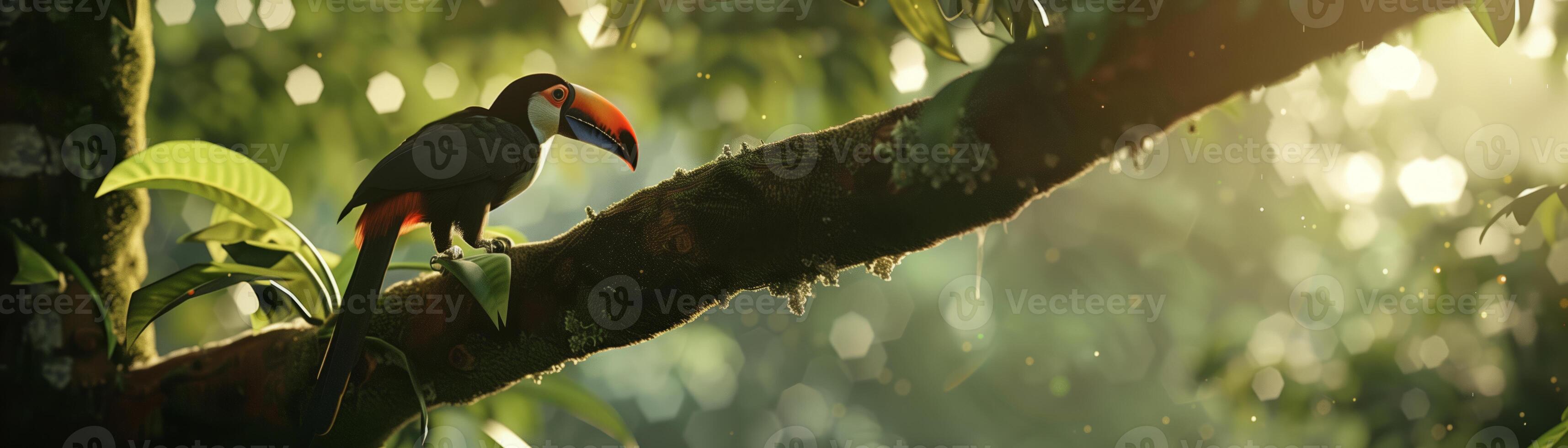 A Tucan perching on a branch of a tree on rainforest background with natural sunlight for wallpaper or banner photo