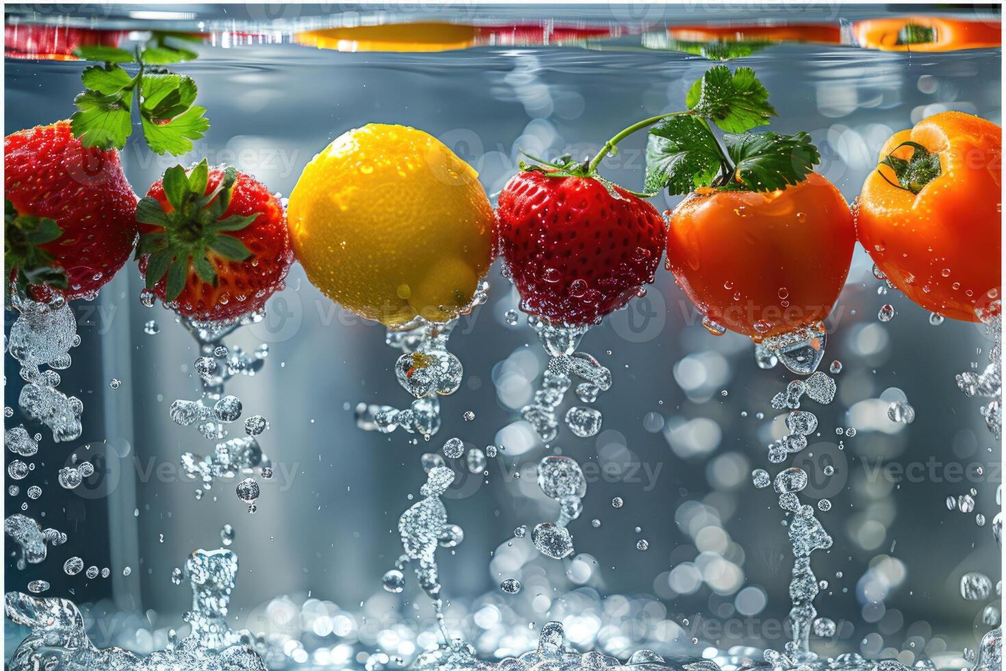 A fresh fruits or vegetables with water droplets creating a splash advertising food photography photo