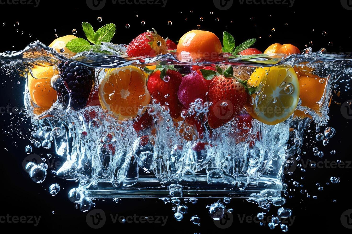 A fresh fruits or vegetables with water droplets creating a splash advertising food photography photo