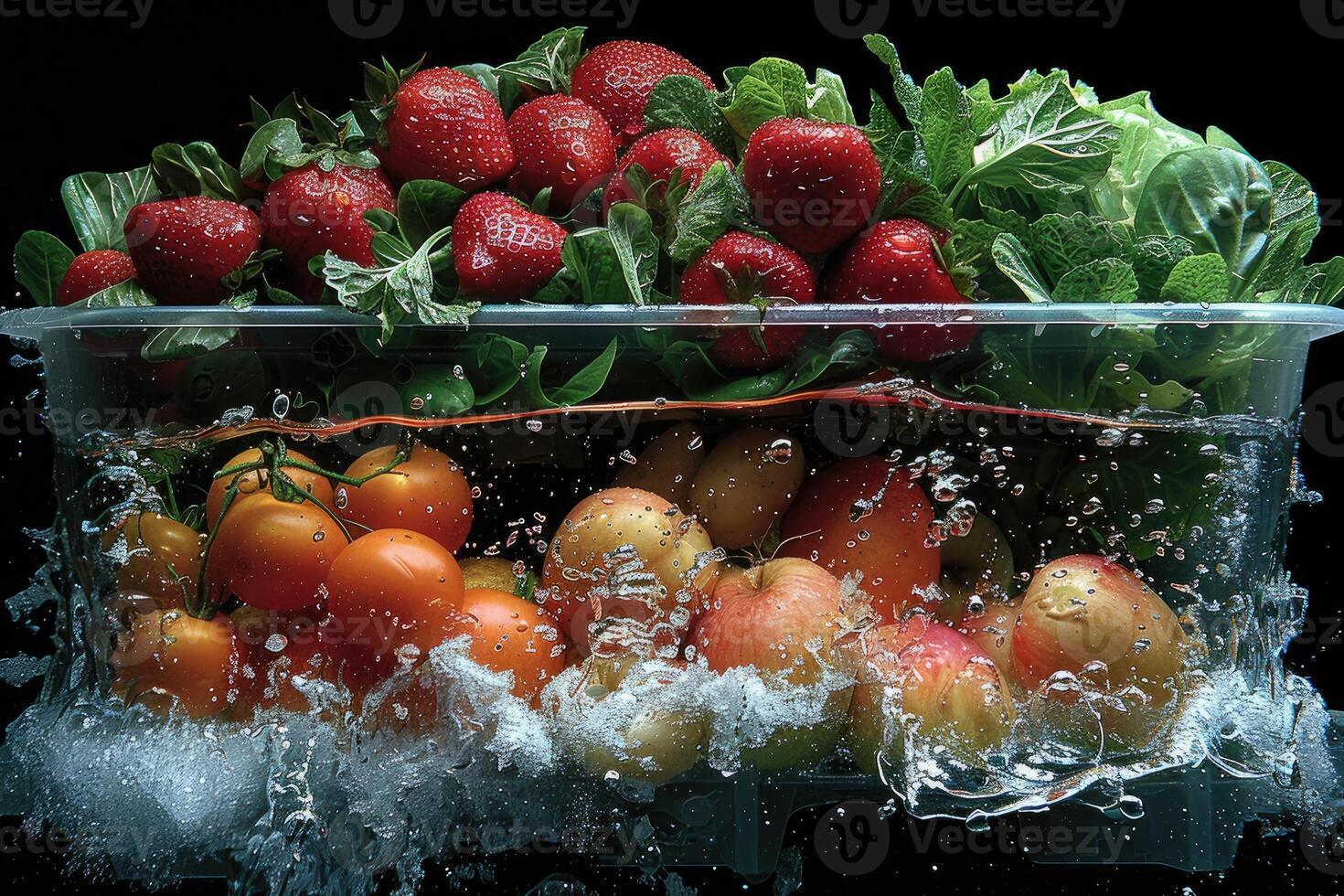 A fresh fruits or vegetables with water droplets creating a splash advertising food photography photo