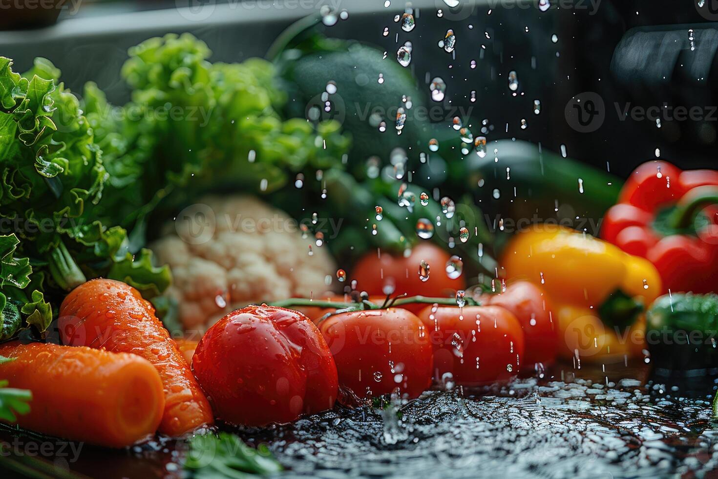 A fresh fruits or vegetables with water droplets creating a splash advertising food photography photo