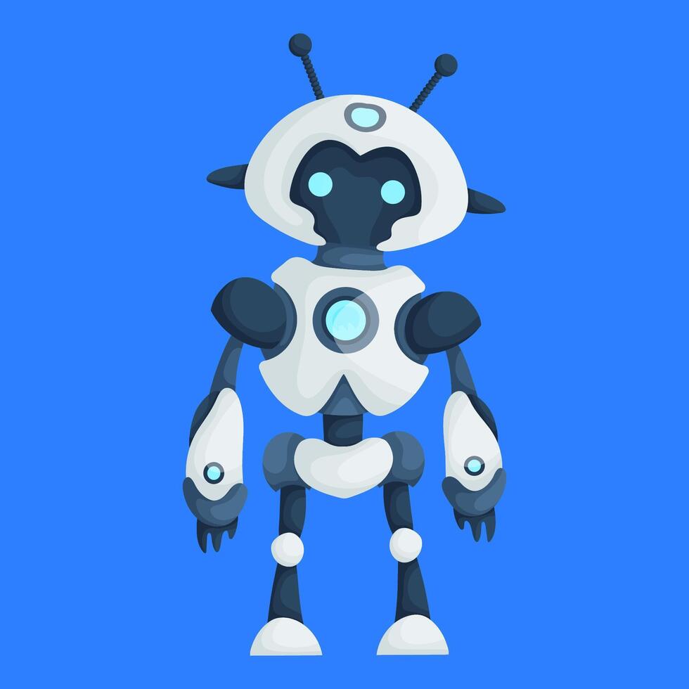 Illustration of a futuristic humanoid robot with white and blue accents, standing against a solid blue background. vector
