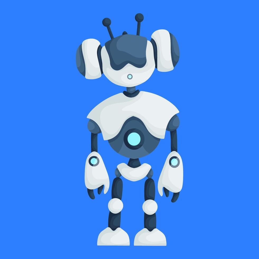 Illustration of a futuristic robot featuring antennae and headphone-like designs, standing against a vibrant blue background. vector
