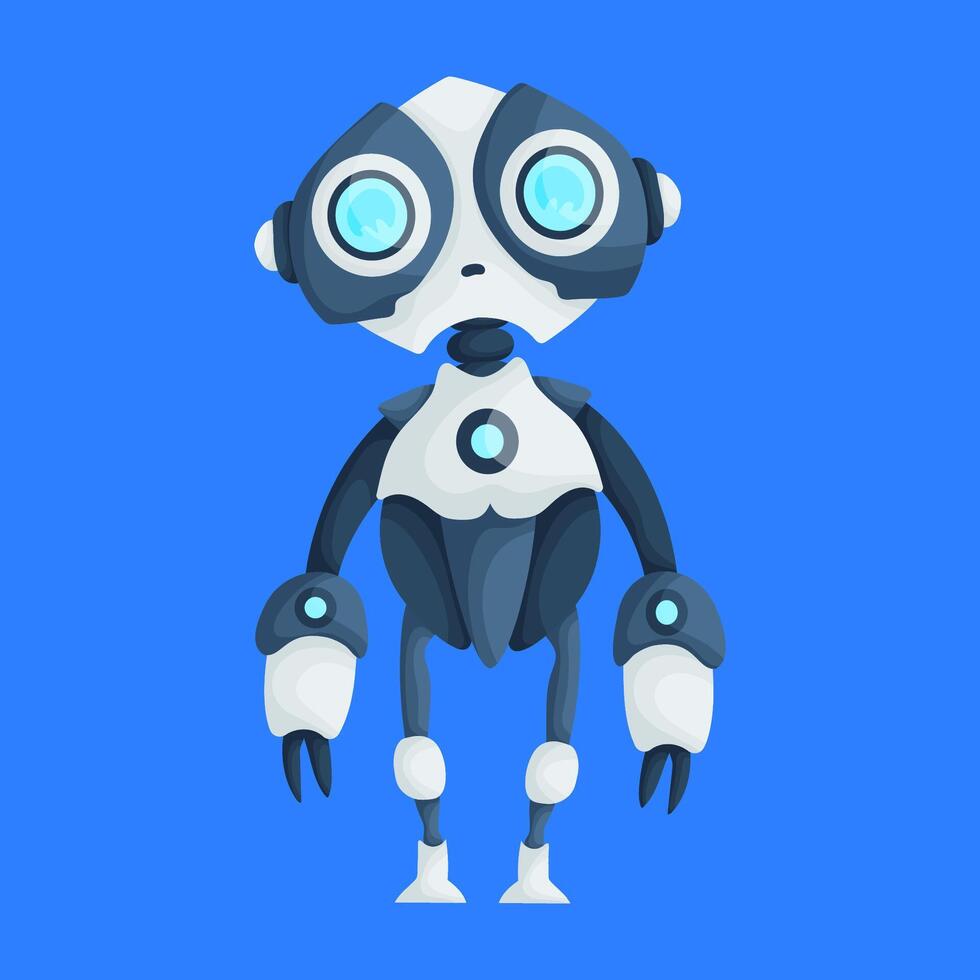 Futuristic cartoon robot featuring large circular eyes, claw-like hands, and a sleek blue and white design on a blue background. vector