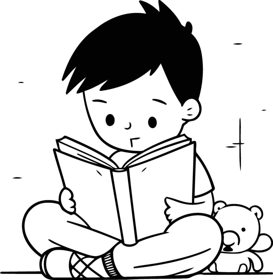 Cute little boy reading a book in cartoon style. vector