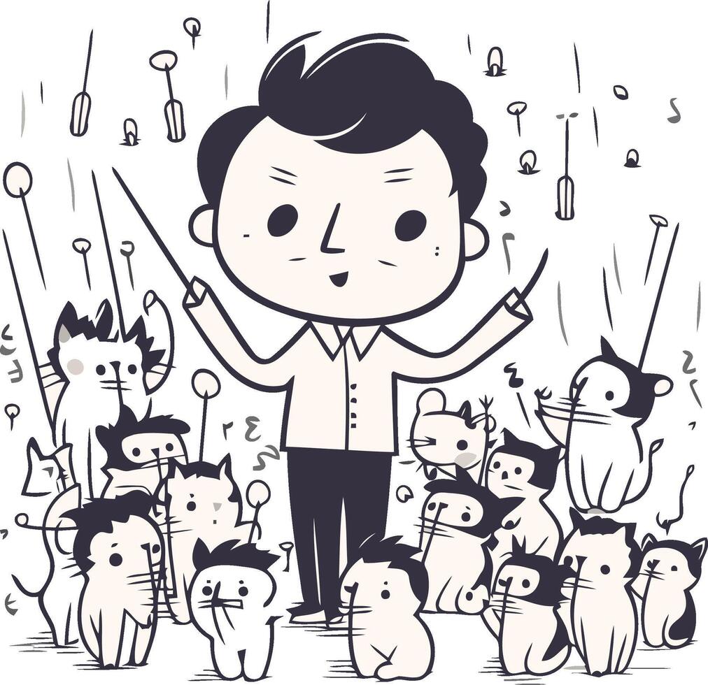 Illustration of a man with a lot of cats around him. vector