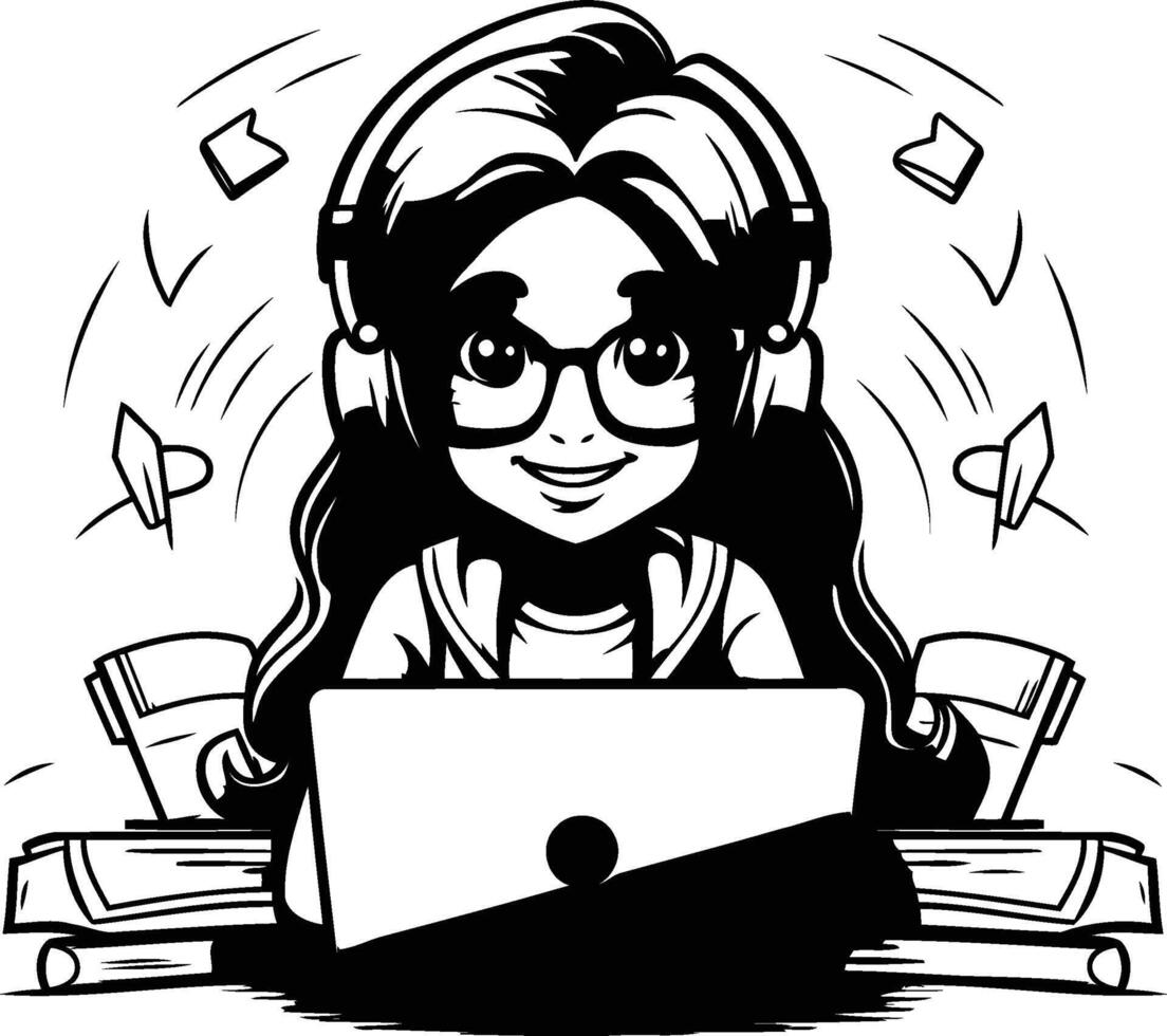 Black and White Cartoon Illustration of Girl Student with Headphones and Laptop Computer vector