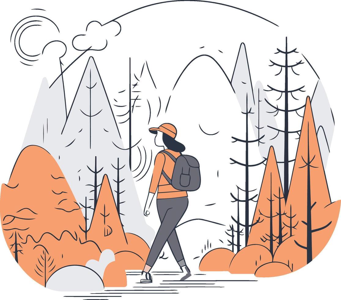 illustration of a woman hiking in the forest. Flat style. vector