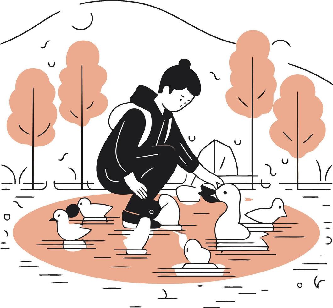 illustration of a woman feeding ducks in the park. Flat style. vector