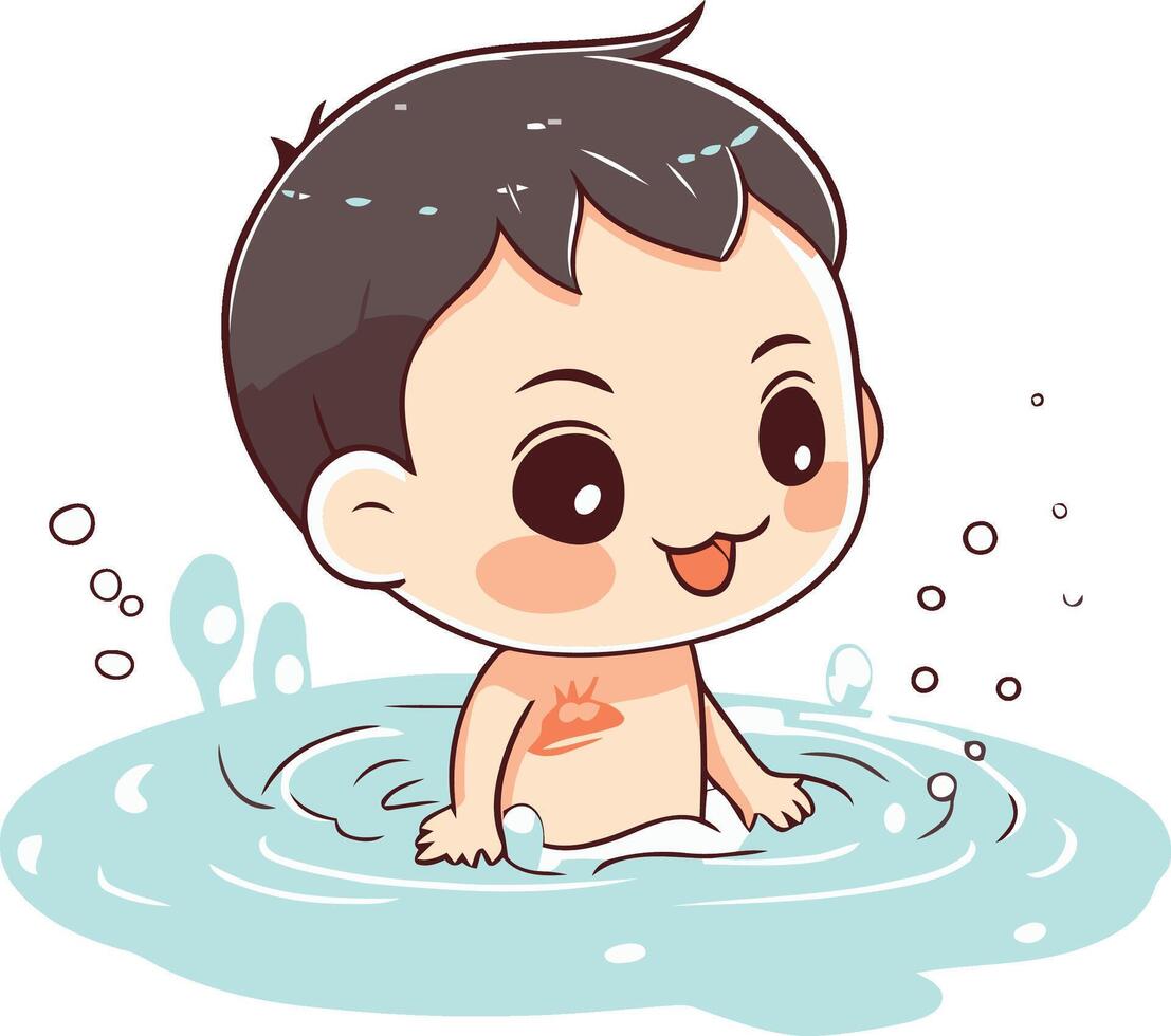 Cute little boy bathes in the pool. vector