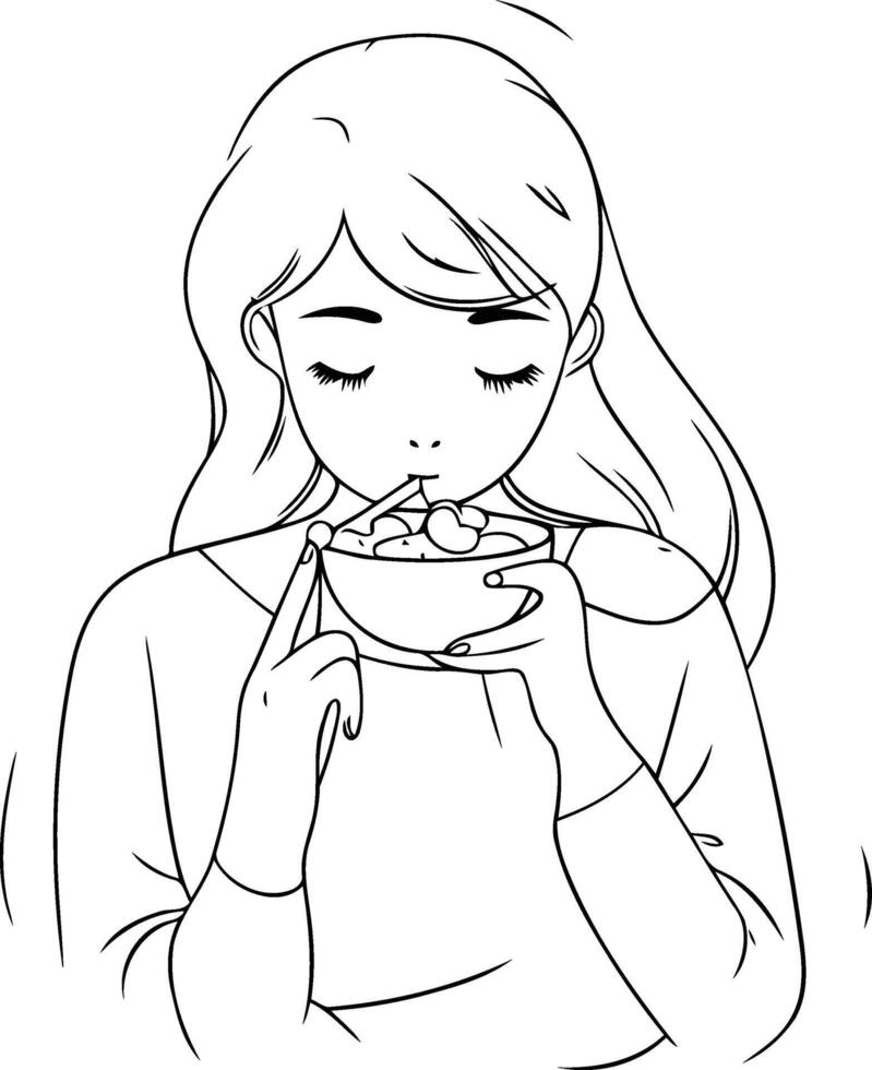 Illustration of a young woman eating a bowl of cereals. vector