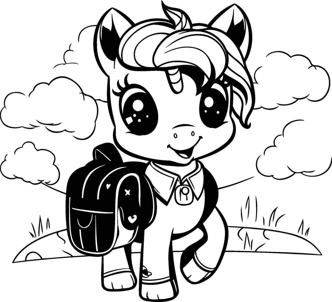 Black and White Cartoon Illustration of Cute Horse with Backpack for Coloring Book vector