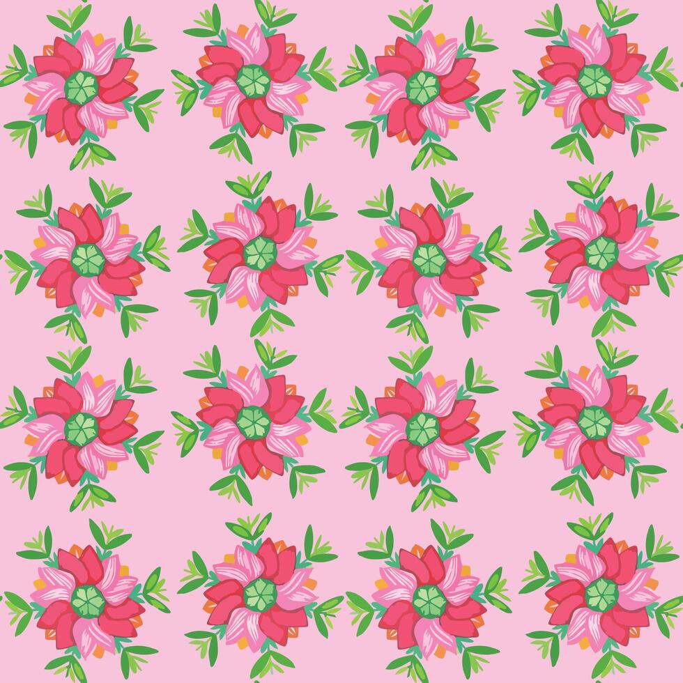 , seamless geometric pattern of mandala composition dark pink tulip and green leaves on pink background. Folk style. For summer women dresses, dining, home decor, wrapping paper. vector
