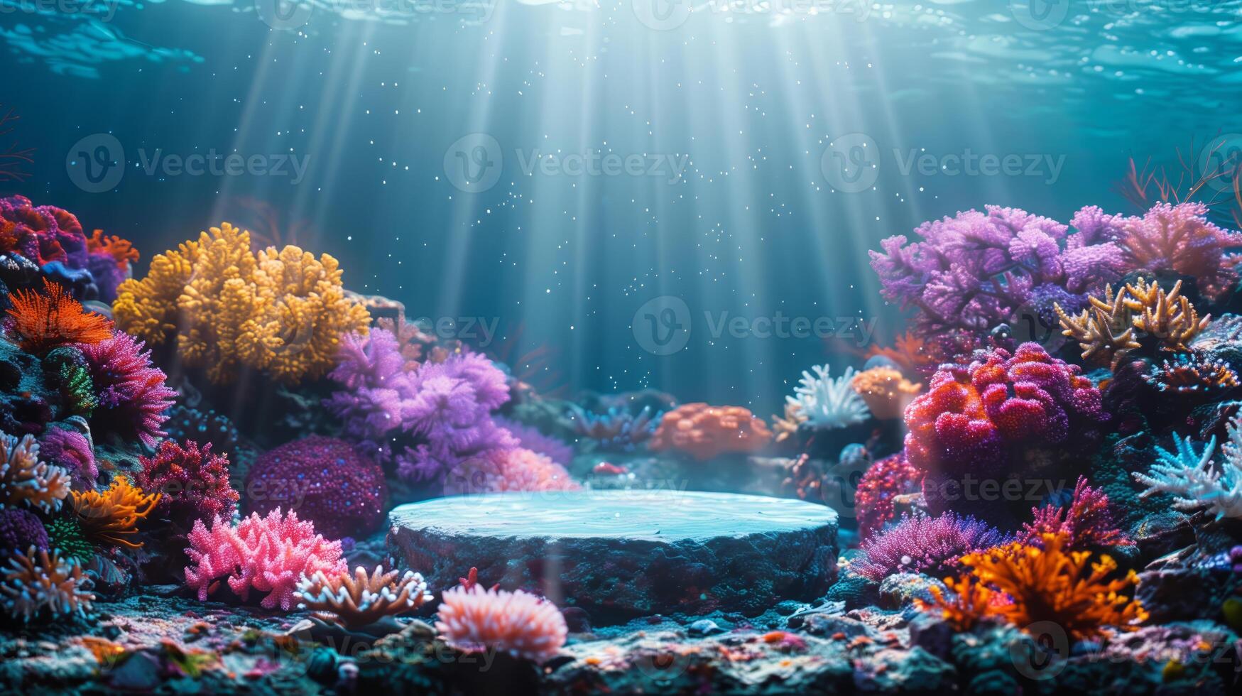 empty white podium underwater on colorful corals background with volume rays and caustics for product presentation photo