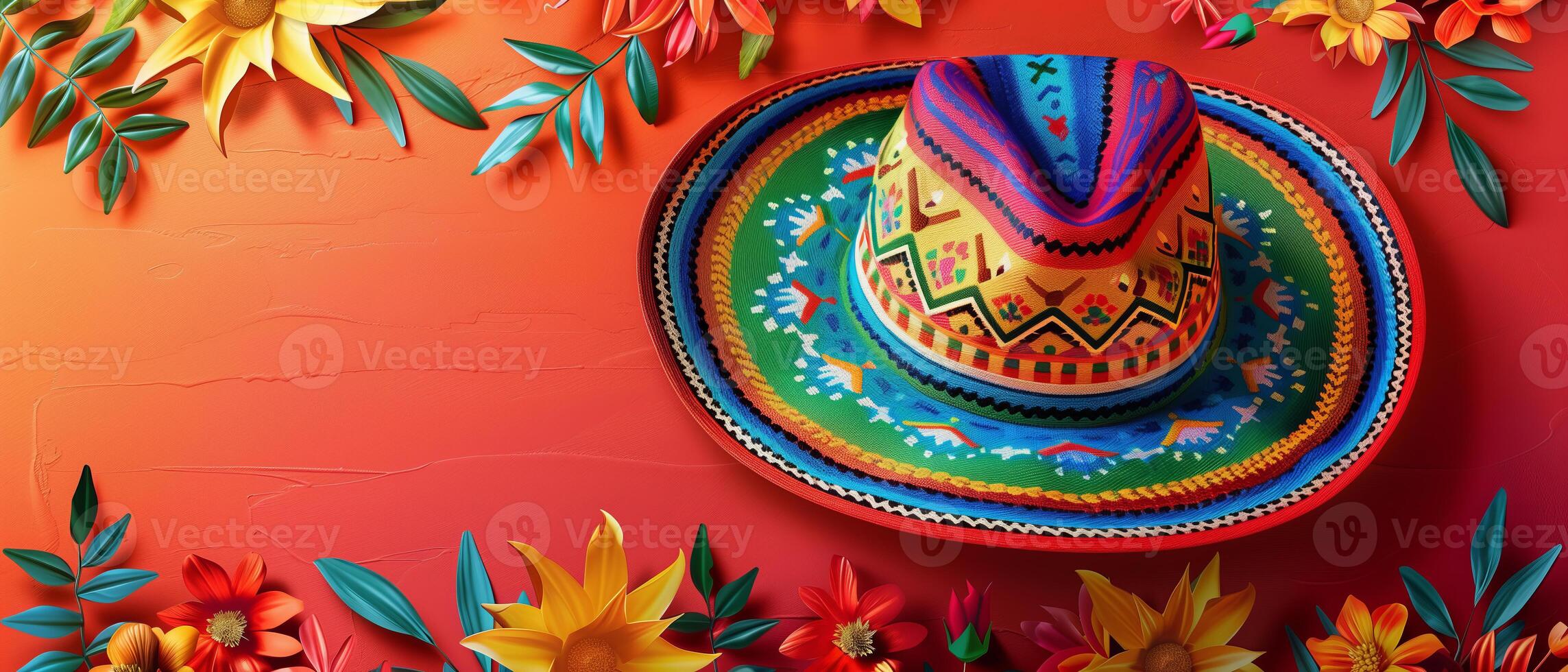 Colorful mexican hats or sombreros on red orange gradient background with colorful flowers, cinco de mayo festival theme photo