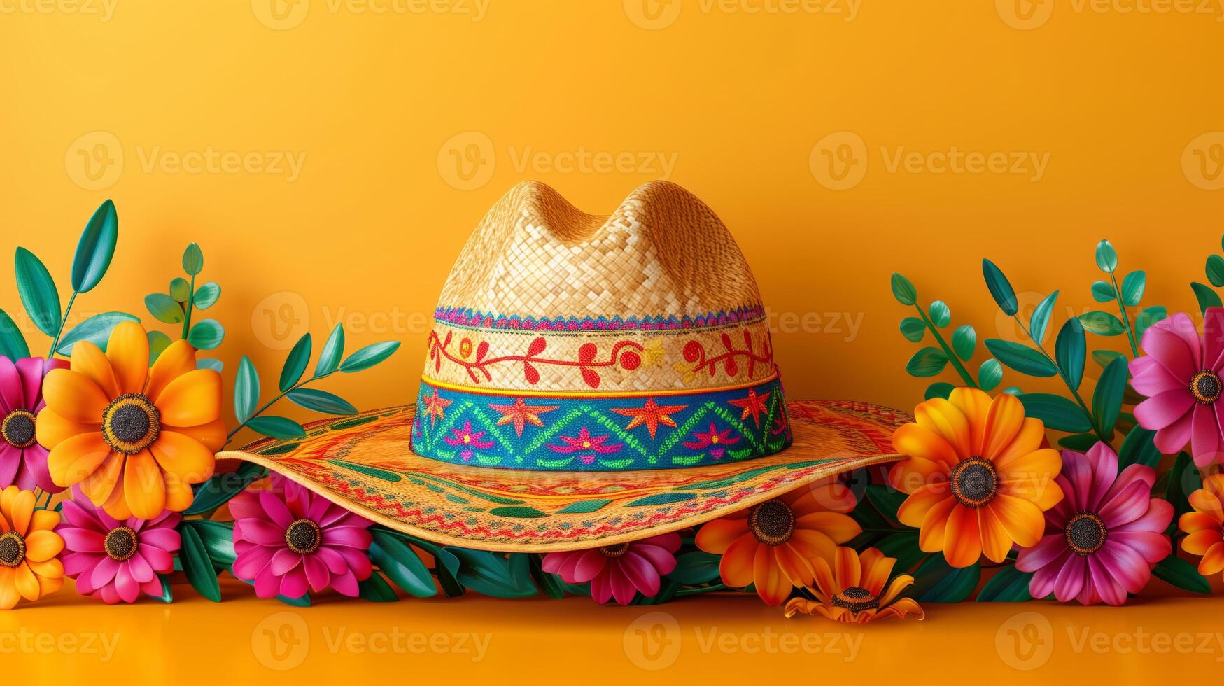 Colorful mexican hats or sombreros on bright saturated yellow background with colorful flowers, cinco de mayo festival theme photo
