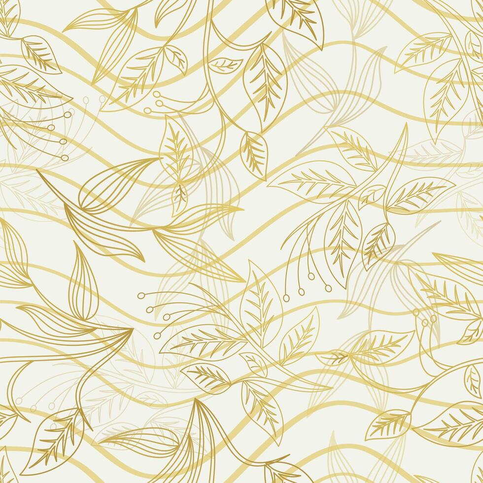 Gold Outline floral seamless pattern with leaves. tropical background vector